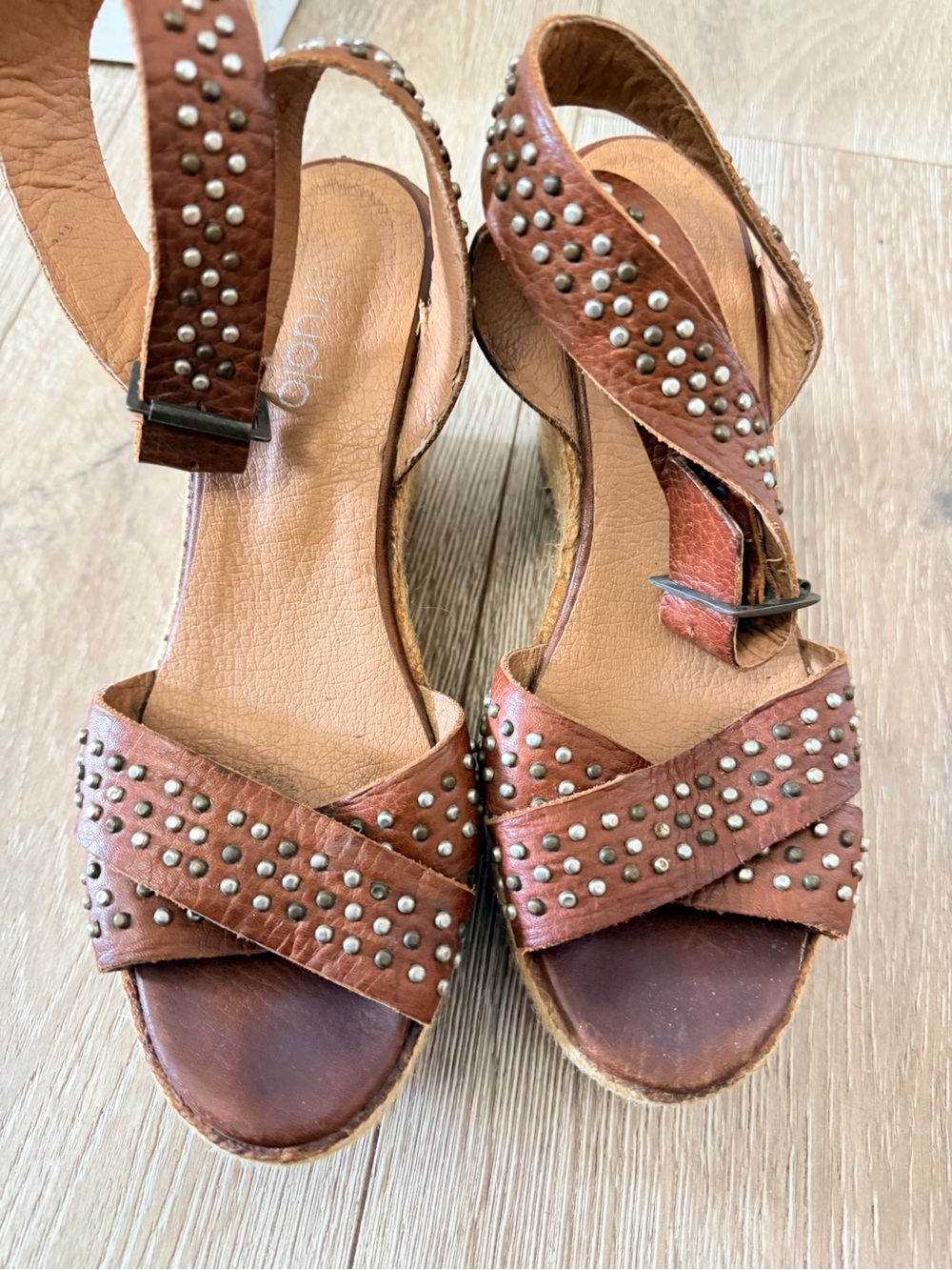 Studded Tan Leather Wedge Sandals with Ankle Strap